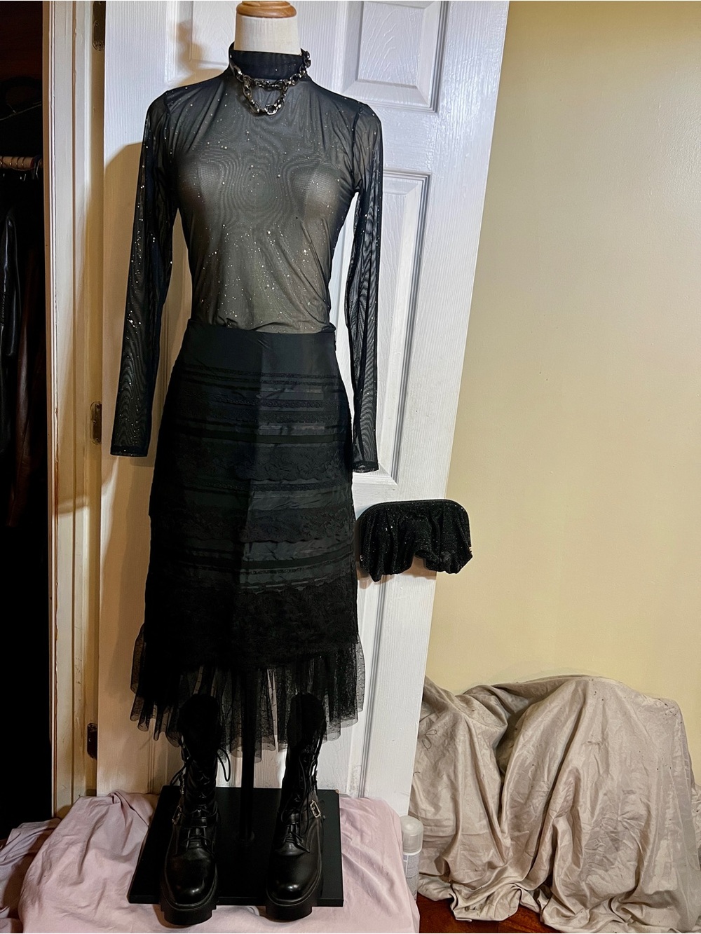 Express Vtg Y2K Wms Black Silk Lace Ribbon Tulle Trim Fairy Grunge Midi Skirt 4